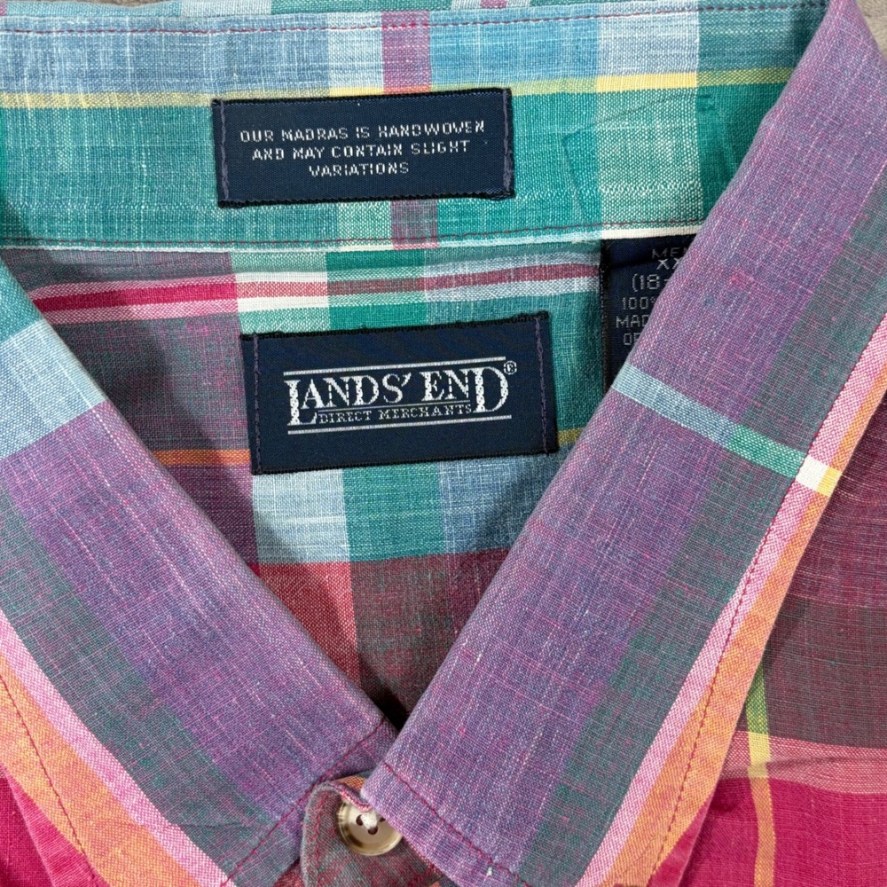 Vintage Lands End Mens XXL Madras Plaid Short Sleeve Button Down Shirt Pink USA - Picture 3 of 7